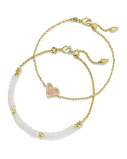 Ari Heart Gold Delicate Chain Bracelet Set Of 2 In Rose Quartz^Kendra Scott New