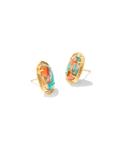 Ellie Vintage Gold Etch Frame Stud Earrings In Bronze Veined Turquoise Magnesite Red Oyster^Kendra Scott Online