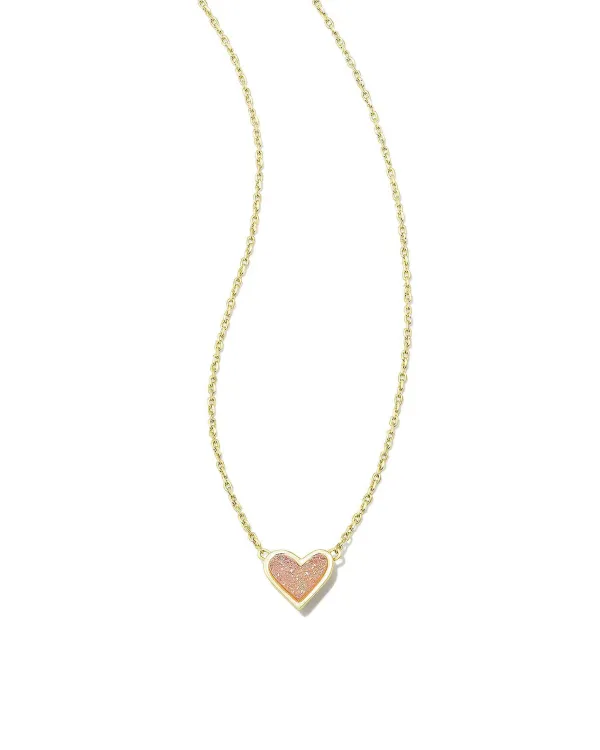 Framed Ari Heart Gold Short Pendant Necklace In Light Pink Drusy^Kendra Scott New